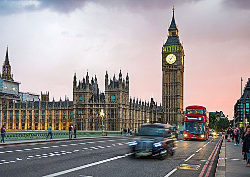 出租车,红色,双层巴士,威斯敏斯特桥,大本钟,威斯敏斯特宫,动感,日落,伦敦,英格兰,英国