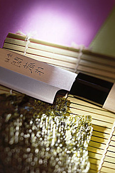 紫菜叶,刀,竹垫,日本