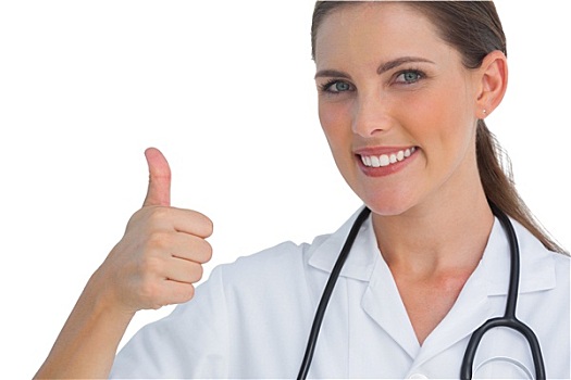 微笑,医护人员,给,竖大拇指,白色背景,背景