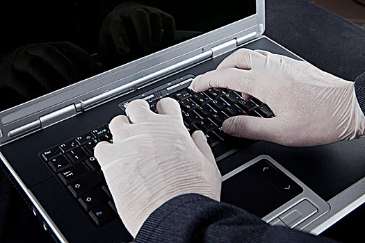 黑客,笔记本电脑,穿,橡胶手套,离开,痕迹,象征,互联网,罪行