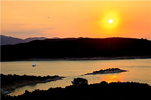 日落,上方,爱琴海