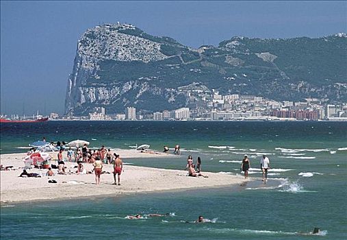 海滩,人,浴,正面,直布罗陀,西班牙,英国,欧洲