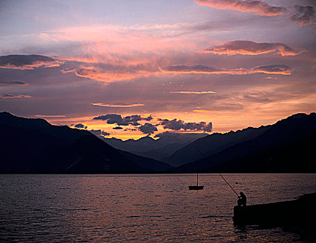 渔民,日落,马焦雷湖,意大利