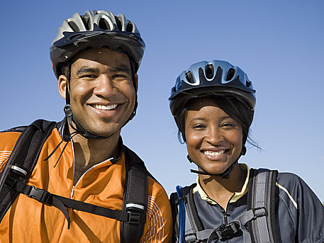 男人,女人,自行车,头盔,户外,微笑