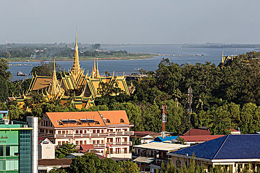 风景,皇宫,树液,河,湄公河,城市,金边,柬埔寨,亚洲
