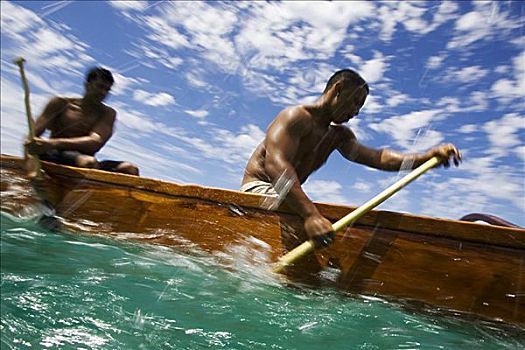 夏威夷,瓦胡岛,男性,舷外支架,独木舟,团队,划船,困难,蓝绿色,海洋