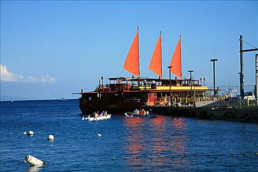 夏威夷,夏威夷大岛,日落,游轮,船,乘客,码头,三个,鲜明,橙色,帆