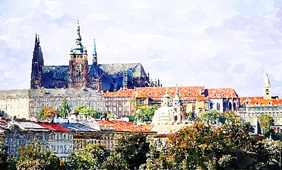 水彩,布拉格城堡,绘画