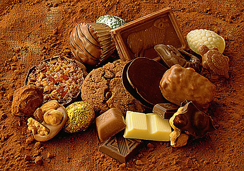 种类,巧克力糖,堆积,上面,可可粉