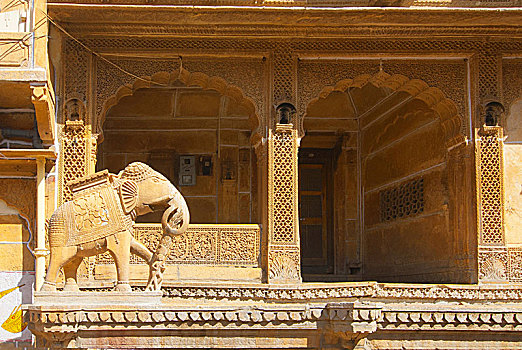 雕刻,砂岩,大象,户外,漂亮,哈维利建筑,家,斋沙默尔,拉贾斯坦邦,印度