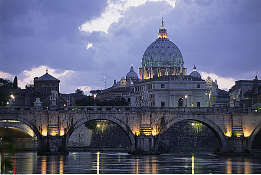圣彼得大教堂,台伯河,日落,梵蒂冈城,罗马,意大利