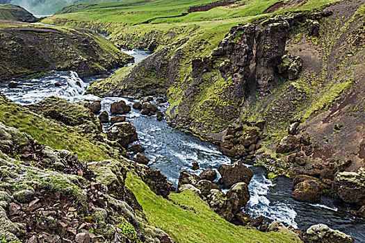 徒步旅行,河,高处,瀑布,南,冰岛