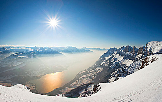 风景,湖,山峦,冬天,太阳,吐根堡,东方,瑞士,欧洲