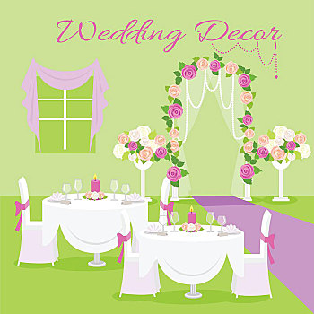 婚礼,装潢,概念,矢量,风格,构图,绿色,紫色,彩色,装饰,假日,餐桌,地毯,大门,窗户,广告,设计
