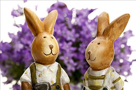 两个,复活节兔子,正面,风铃草