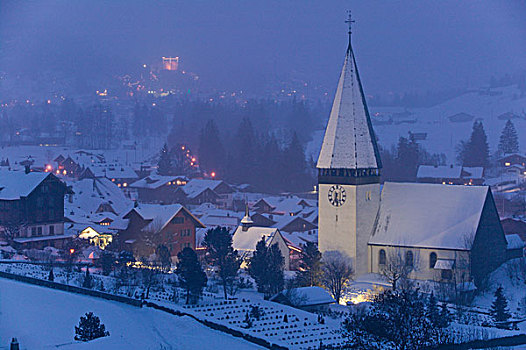 瑞士,伯恩,区域,城镇,教堂,冬天,晚间