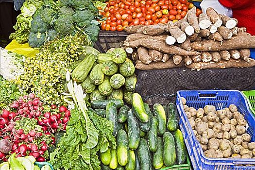俯拍,什锦蔬菜,市场货摊,伊卡地区,秘鲁