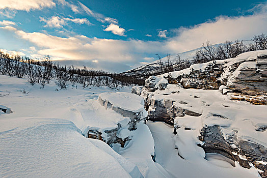 雪,峡谷,国家公园,北博滕省,拉普兰,瑞典,欧洲