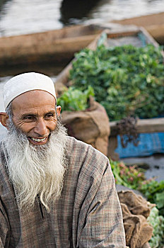 男人,销售,蔬菜,船,斯利那加,查谟-克什米尔邦,印度