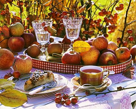 苹果蛋糕,苹果,茶,桌上,秋天,装饰