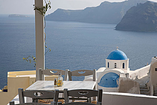 风景,露台,餐馆,刷白,教堂,锡拉岛,基克拉迪群岛,希腊