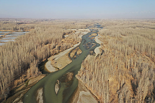 新疆博州,航拍初春时节的博尔塔拉河谷