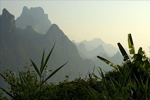 山景,晚上,亮光,靠近,老挝