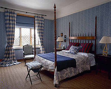 传统,蓝色,卧室,木头,四柱床