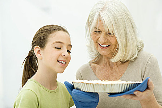 祖母,孙女,俯视,新鲜,烘制,馅饼