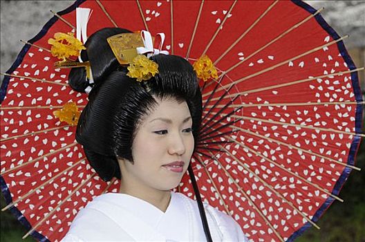 新娘,穿,婚礼,和服,拿着,传统,纸,伞,日本,发型,亚洲