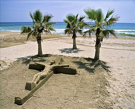 耶稣十字架,沙子,艺术,海滩,卡培,棕榈树,白色海岸,阿利坎特省,西班牙