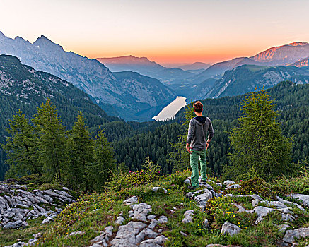 男人,看,远景,山脉全景,风景,上方,湖,左边,瓦茨曼山,右边,日落,国家公园,贝希特斯加登地区,上巴伐利亚,巴伐利亚