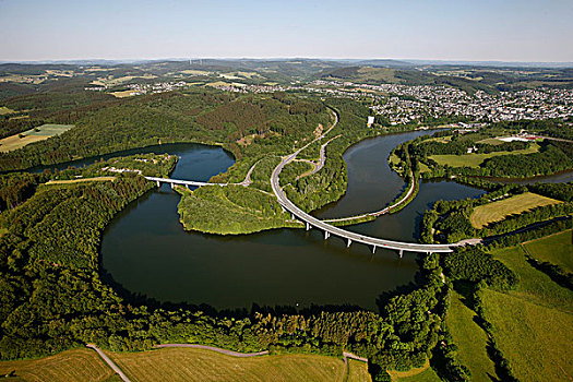 航拍,水库,坝,高速公路,地区,藻厄兰,北莱茵威斯特伐利亚,德国,欧洲