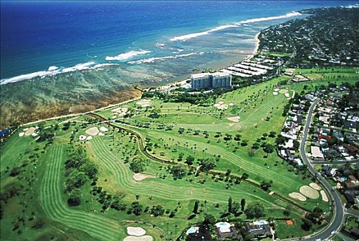 夏威夷,瓦胡岛,俯视,高尔夫球场,酒店,海岸线