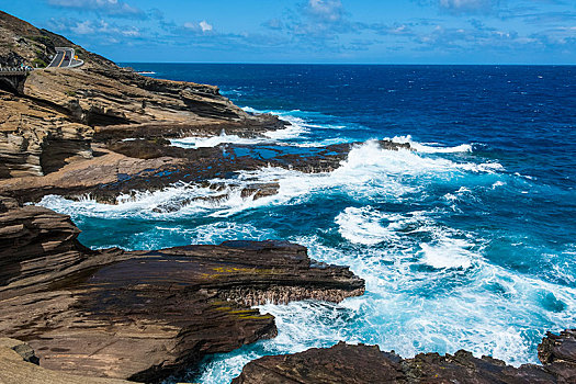 岩石海岸,东南部,岸边,靠近,看,瓦胡岛,夏威夷,美国,北美
