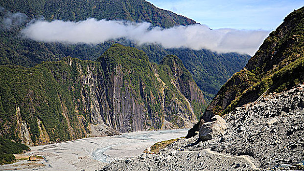 风景,云,徒步旅行,上方,结冰,山谷,福克斯冰川,南岛,新西兰