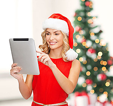 圣诞节,圣诞,电子产品,小物件,概念,微笑,女人,圣诞老人,帽子,平板电脑