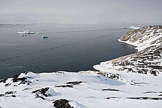 俯视图,积雪,海岸,迪斯科湾,伊路利萨特,格陵兰
