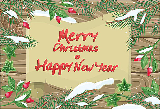 圣诞快乐,新年快乐,矢量,概念,设计,雪,圣诞树,常春藤枝条,老,纸,木质背景,寒假,庆贺,象征,高兴
