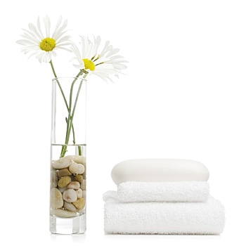 花,毛巾,肥皂块,白色背景