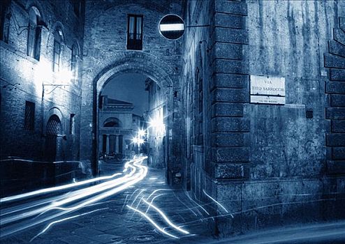 光影,街上,夜晚,锡耶纳,托斯卡纳,意大利