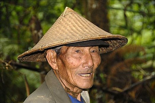 肖像,老人,戴着,特色,稻米,帽子,部落,省,老挝,东南亚
