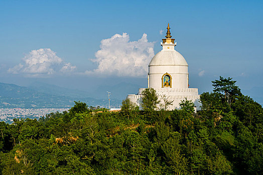 白色,佛塔,山,高处,费瓦湖,波卡拉,地区,尼泊尔,亚洲