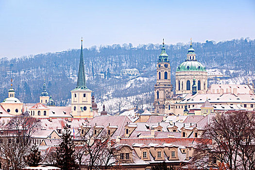 布拉格,冬天,风景,城镇,屋顶,遮盖,雪