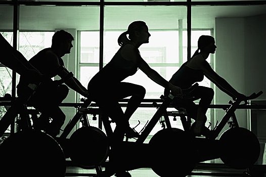剪影,四个人,锻炼,健身自行车,体育馆
