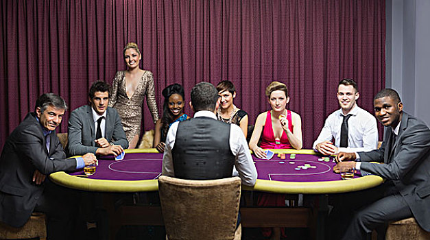 微笑,群体,坐,纸牌,桌子,赌场