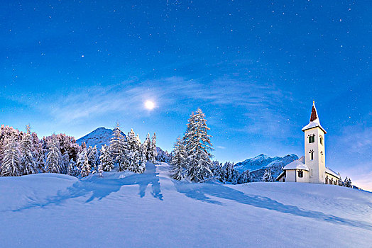 月光,教会,围绕,雪,山谷,恩加丁,瑞士