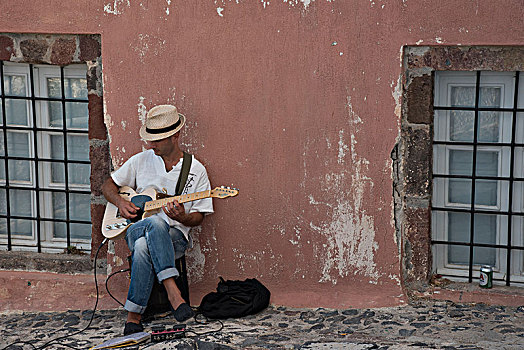 吉他手,正面,墙壁,房子,伊莫洛维里,锡拉岛,希腊群岛