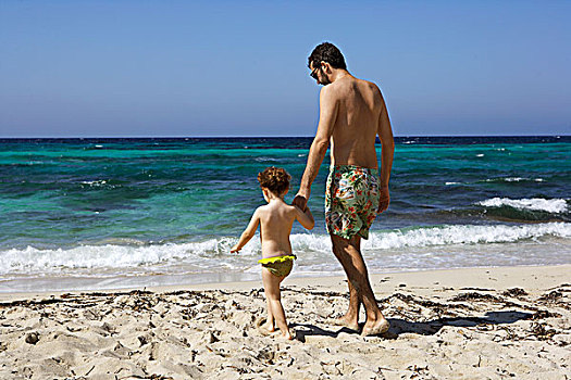 父亲,女儿,走,海滩