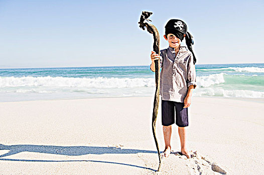 男孩,海盗,服饰,站立,海滩
